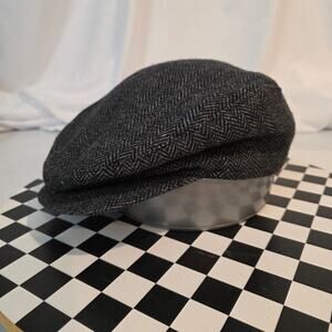 A. Adams & Spire Charcoal Herringbone Tweed Flat Cap Size L